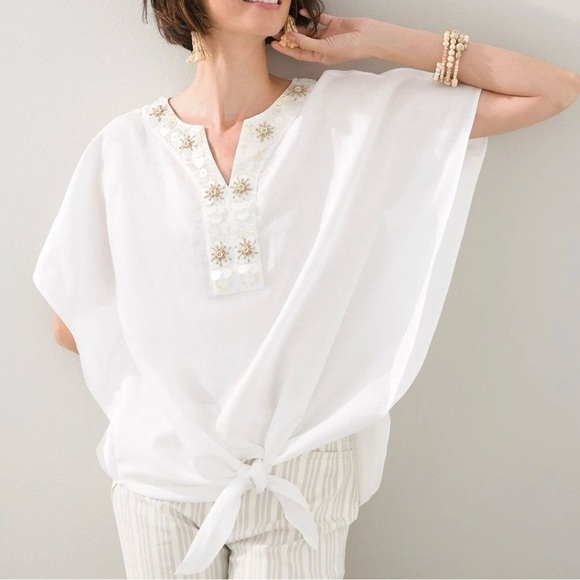 Chico’s Linen Cotton Beaded Tie Front Top Boxy Beachy Coastal 10 Lagenlook Chic - Picture 12 of 12